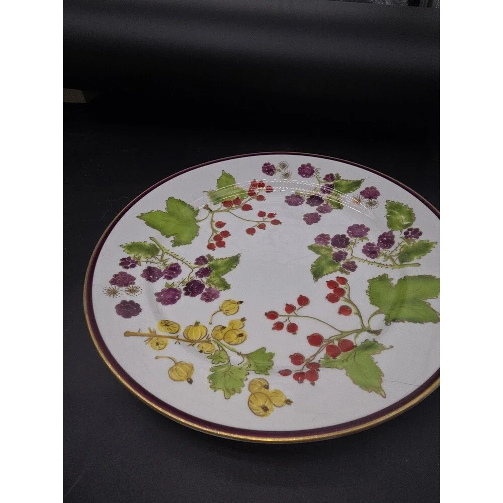 Crate & Barrel Raspberry & Holly Large Round Serving Platter /Plate Gold Rim 12